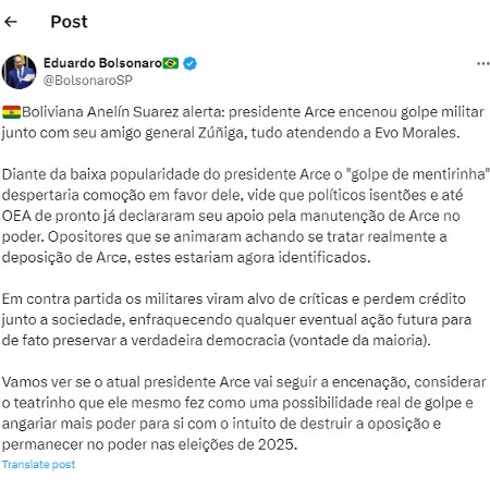 Post de Eduardo Bolsonaro no Twitter sobre golpe na Bolívia