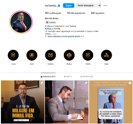 Redes de Marcelo Bretas são utilizadas para promover seus cursos, ele se identifica como 'palestrante', 'professor' e 'juiz federal'