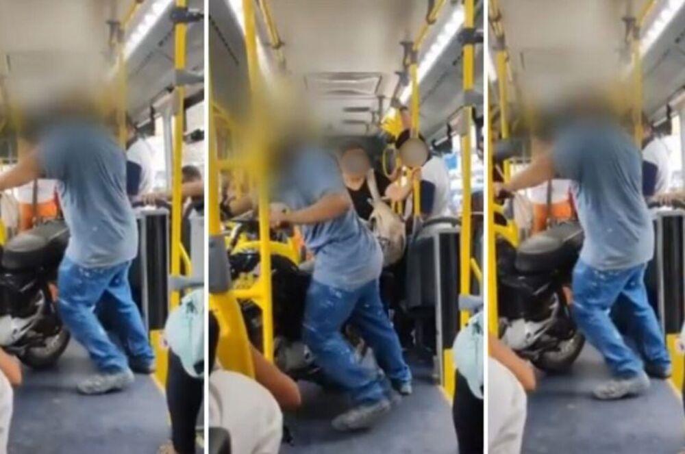 Homem carrega moto dentro de ônibus em Goiânia - undefined