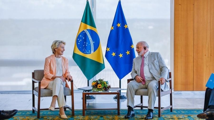 12.06.23 - O presidente Lula e a presidente da Comissão Europeia, Ursula von der Leyen, em encontro no Palácio do Planalto