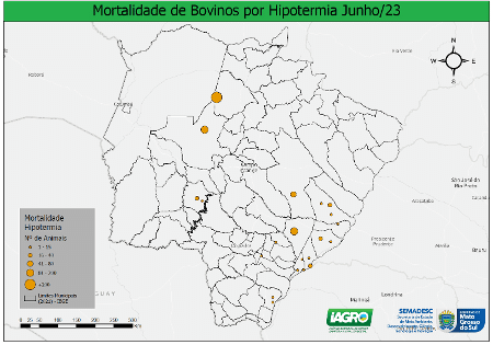 17.jun.2023 - Mapa de mortes de gado por causa do frio no Mato Grosso do Sul - Divulgação/Iagro-MS - Divulgação/Iagro-MS