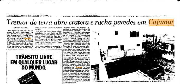 Reportagem da Folha em 13 de agosto de 1986 sobre tremor de terra em Cajamar (SP)