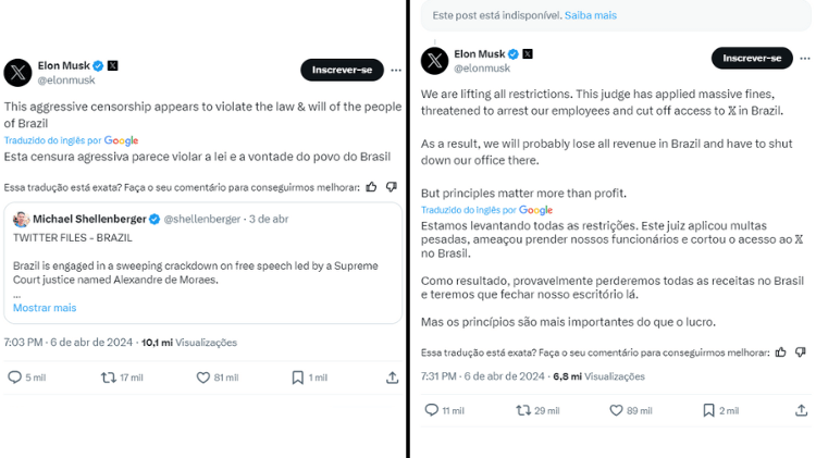 Publicações de Elon Musk criticando o ministro Alexandre de Moraes, do STF