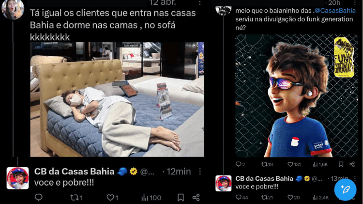O perfil oficial da Casas Bahia no X (antigo Twitter) em respostas a internautas