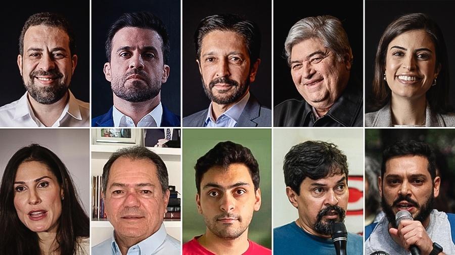 Da esq. para a dir.: Guilherme Boulos, Pablo Marçal, Ricardo Nunes, José Luiz Datena, Tabata Amaral, Marina Helena, Bebeto Haddad, João Pimenta, Altino Prazeres e Ricardo Senese