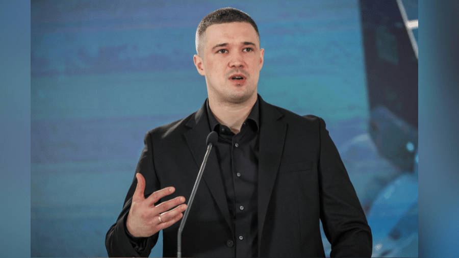 01.jul.26 - O ex-ministro da Defesa da Ucrânia, Mykhailo Fedorov, em coletiva de imprensa em Kiev, Ucrânia - undefined