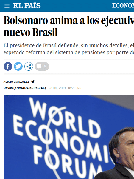 O espanhol El País destacou o ânimo dos empresários e executivos em Davos com o discurso de Bolsonaro - Reprodução