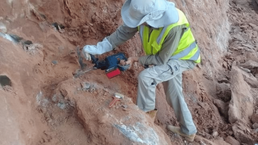 Etapa de escavação, utilizando um martelete, para expor o fóssil do titanossauro  - Arquivo Pessoal/William Nava