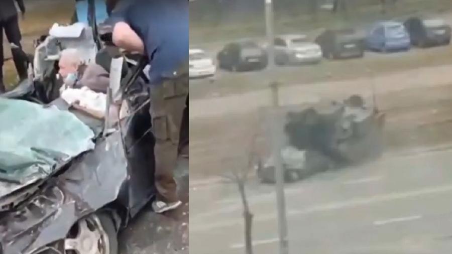 Motorista de sedã aparece vivo e consciente após ter o carro literalmente esmagado por blindado nos arredores de Kiev, na Ucrânia