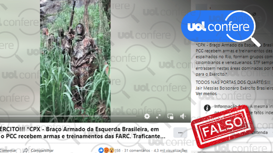 12.12.2022 - Vídeo não mostra brasileiros sendo treinados pelas Farc - Arte/UOL sobre Reprodução/Facebook