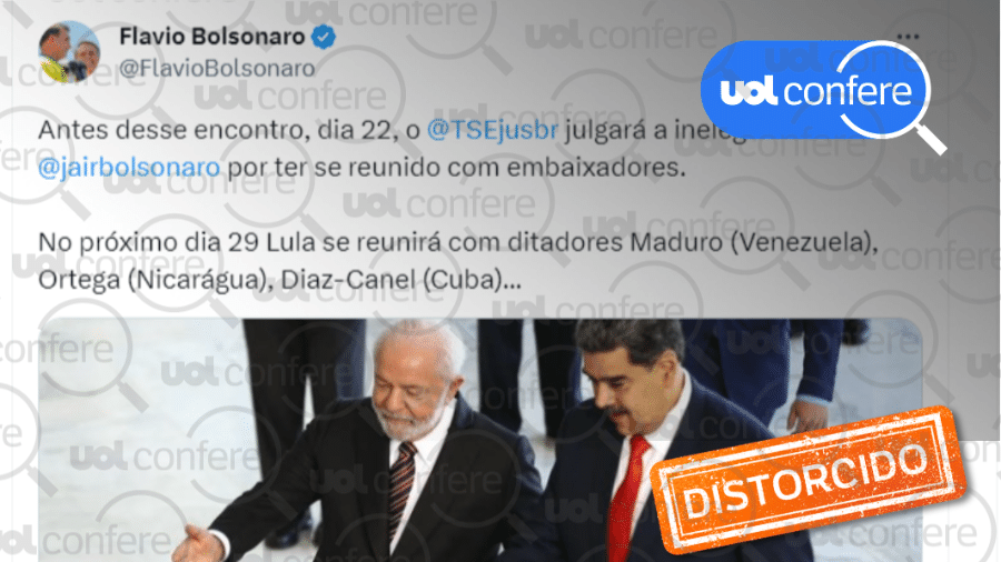 21.06.2023 - Flávio Bolsonaro desinforma sobre ação contra Jair Bolsonaro no TSE ao reduzi-la a reunião com embaixadores - Arte/UOL Confere sobre Reprodução/Twitter