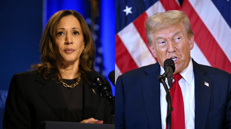 Kamala Harris em um evento na Pensilvânia e Donald Trump dando entrevista em Nova York 