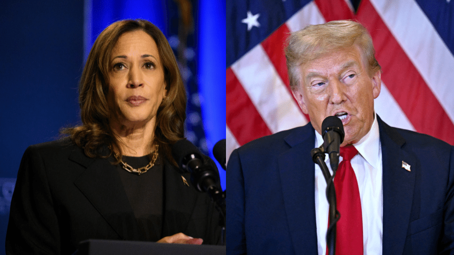 Kamala Harris em um evento na Pensilvânia e Donald Trump dando entrevista em Nova York  - Jeff Swensen - 25.set.2024 /Getty Images via AFP e Angela Weiss - 26.set.2024/AFP