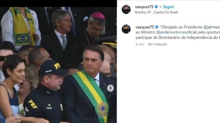 Silvinei Vasques, diretor da PRF, postou mensagem em agradecimento a Jair Bolsonaro após participação nos atos de 7 de Setembro. Na imagem, ele aparece entre o presidente e a primeira-dama, Michelle Bolsonaro - Reprodução - Reprodução