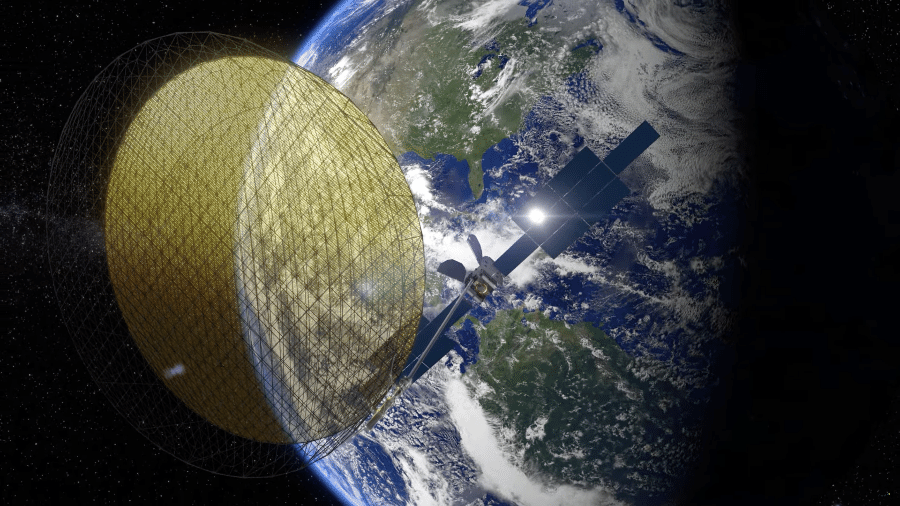 Concepção artística do satélite ViaSat-3 Américas mostra como sua enorme antena deveria ficar no espaço - ViaSat
