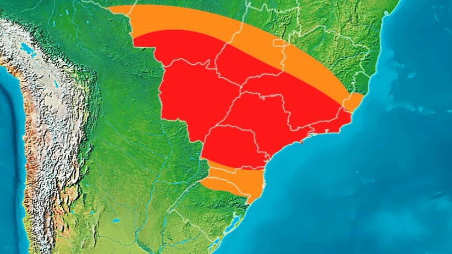Onda de calor se estende até o dia 10 de maio; áreas em vermelho podem ter temperaturas mais de 5º acima da média - Reprodução/Climatempo