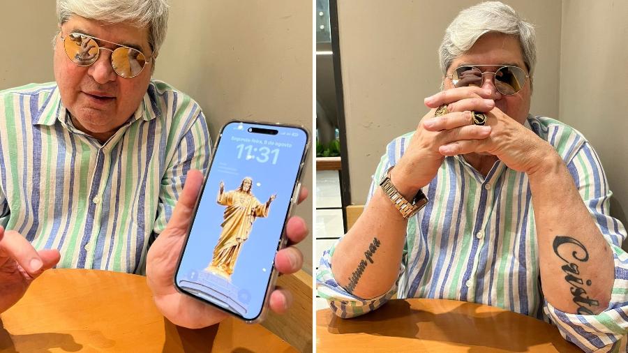 José Luiz Datena mostra imagem de tela com o Cristo e as tatuagens nos braços