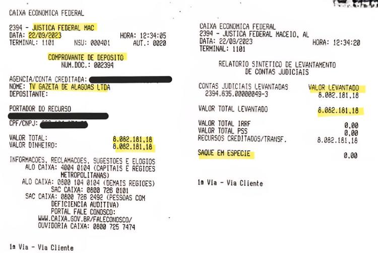 Comprovantes apresentados pela PGFN do valor levantado nas contas judiciais e repassado à TV Gazeta, da OAM 