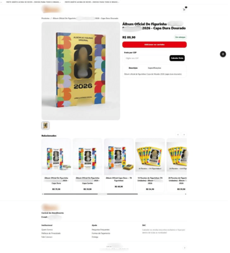 Página falsa vende figurinhas da Copa com estrutura que lembra página oficial. Numa da promoções, 10 pacotes de figurinhas saíam por R$ 34,90 (o preço oficial do pacote é R$ 7)