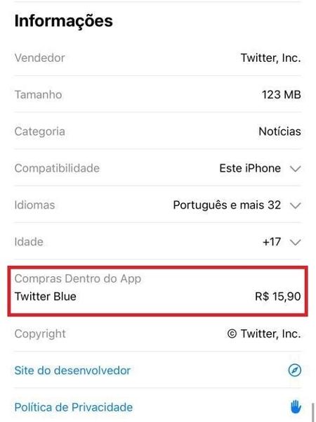 Twitter Blue aparece em página da rede social na loja de apps do iOS - Reprodução - Reprodução