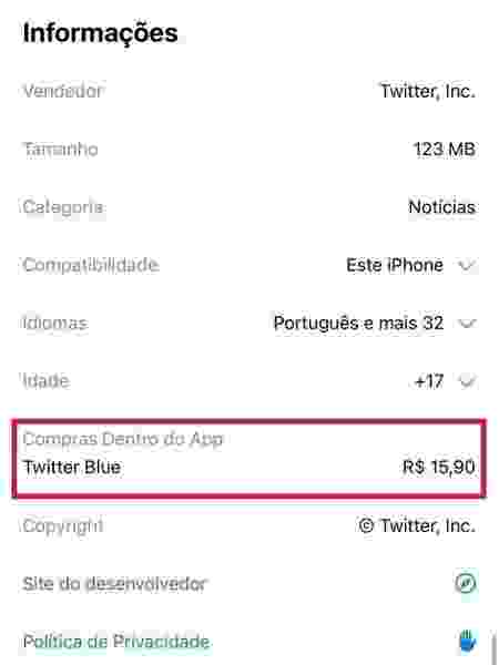 Twitter Blue aparece em página da rede social na loja de apps do iOS - Reprodução - Reprodução