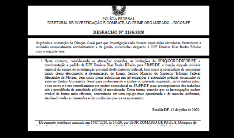 11.jun.2020 – Em 14 de julho de 2020, PF colocou a delegada Denisse Ribeiro de volta na investigação dos atos antidemocráticos - Reprodução/PF - Reprodução/PF