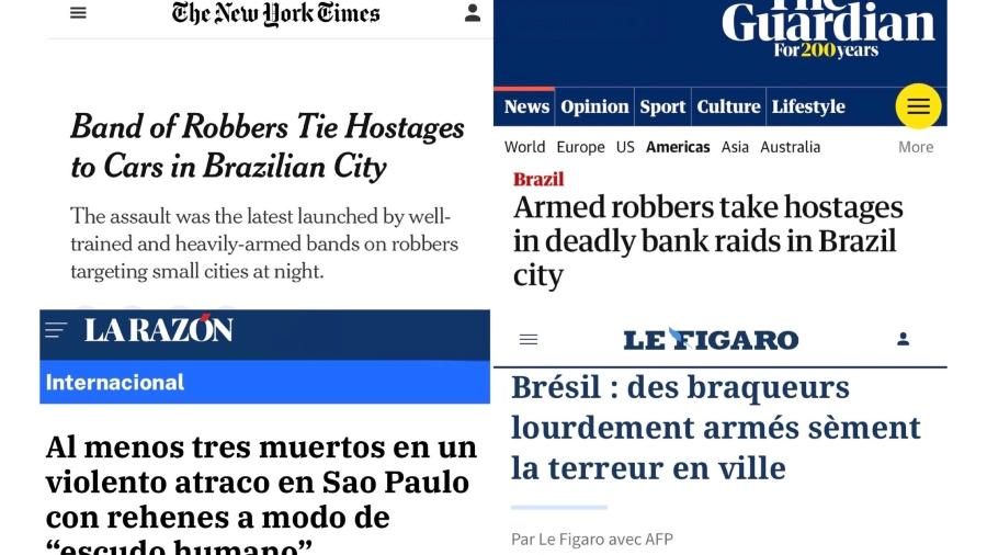 Manchetes em jornais internacionais que destacaram os assaltos em Araçatuba (SP) - Reprodução