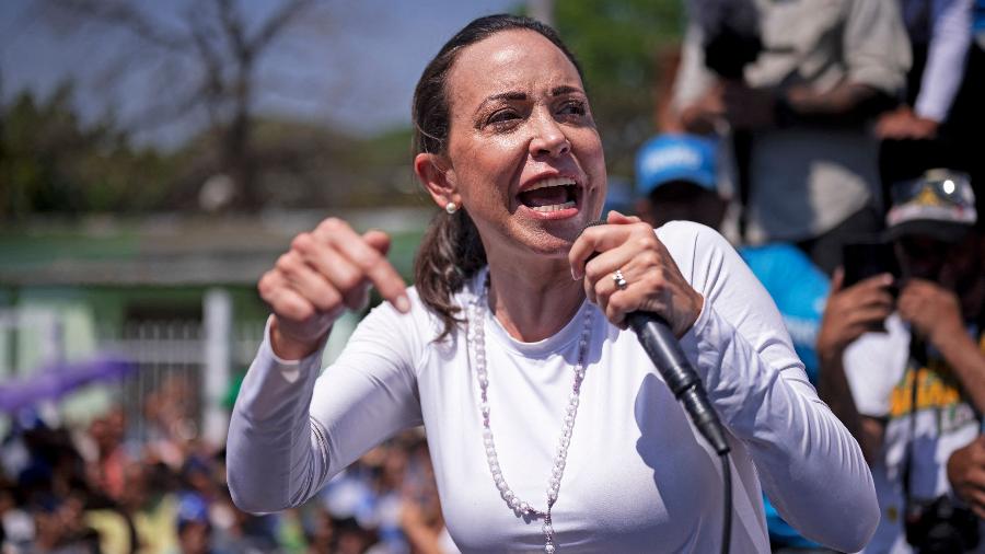13.mar.2024 - María Corina Machado, líder da oposição na Venezuela, durante evento de campanha em Mariara