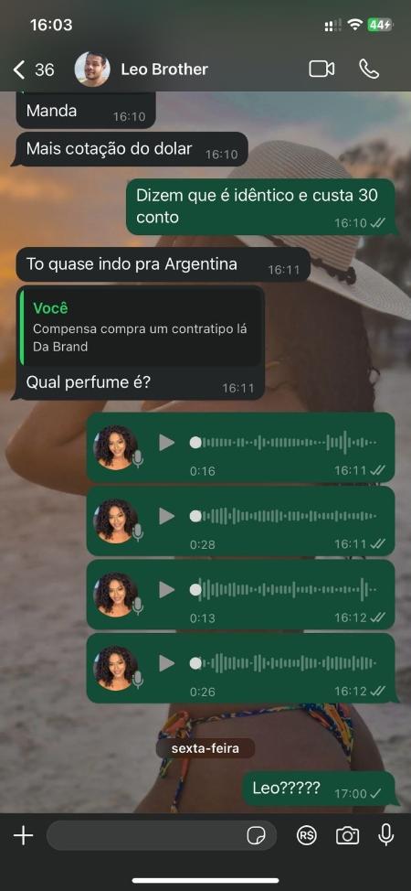 Registro de última conversa de Ana Cláudia e seu irmão Leonardo.