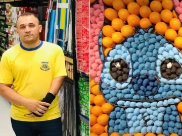 Ele 'desenha' com frutas e faz mercadinho na Bahia virar galeria de arte