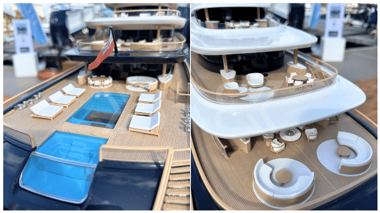 Detalhes do deck do Breakthrough: piscina com fundo de vidro e áreas de convivência ao ar livre Detalhes do deck do Breakthrough: piscina com fundo de vidro e áreas de convivência ao ar livre