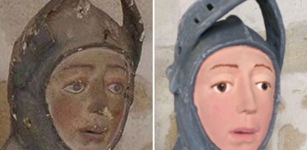 Escultura de São Jorge antes e depois da restauração; objetivo era apenas "arrumar um espaço que estava sujo" - Artus Restauración Patrimonio