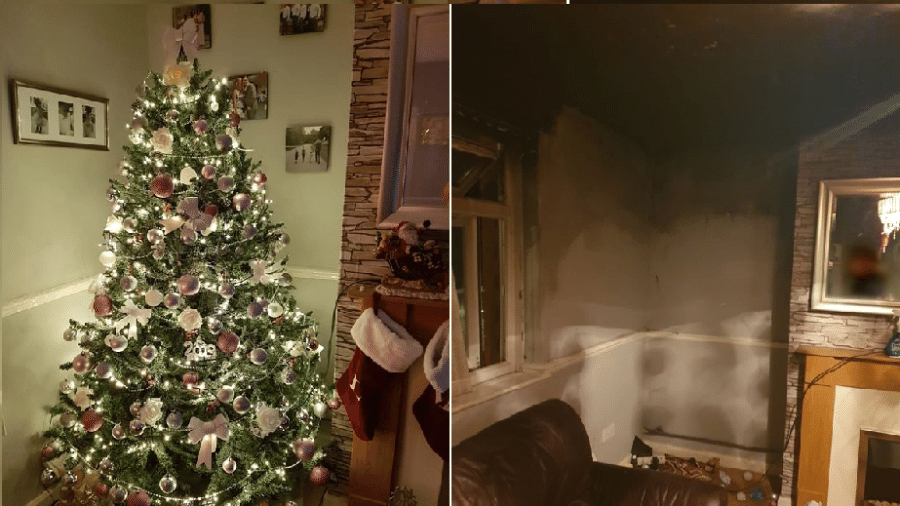 Inglaterra luzes de árvore de Natal pegam fogo e família é desabrigada