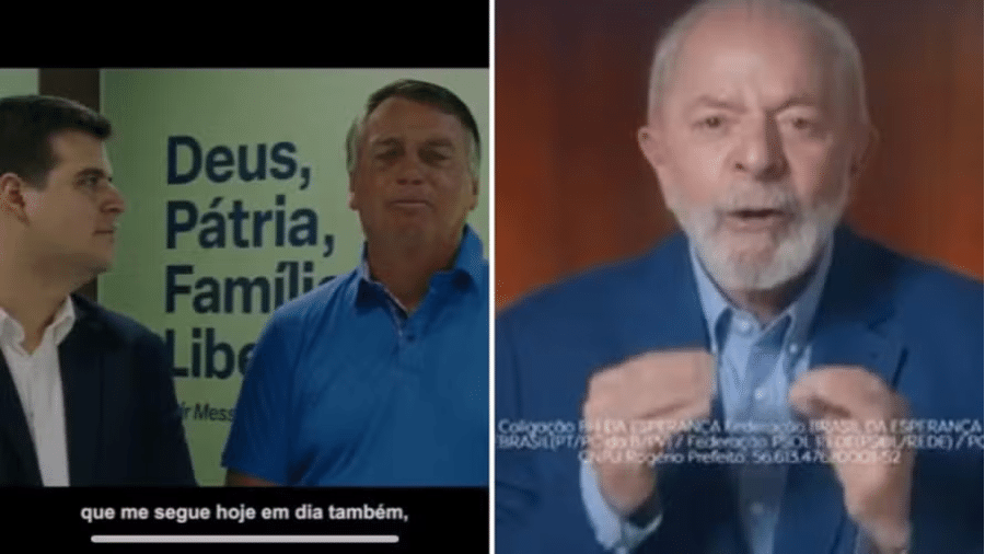 Ex-presidente Jair Bolsonaro e Bruno Engler (PL) durante propaganda eleitoral; ao lado, o presidente Lula em peça que pede votos a Rogério Correia (PT)