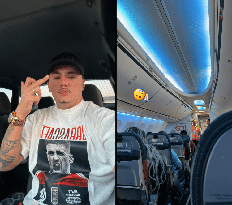 À esquerda: MC Dym em foto publicada ontem. À direita: post em avião a caminho de Fortaleza À esquerda: MC Dym em foto publicada ontem. À direita: post em avião a caminho de Fortaleza