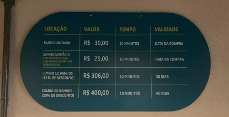 Tabela de preos para uso do chuveiro em hub esportivo gerido pela Urbia no Ibirapuera