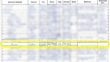 Fac-símile do controle de acesso ao condomínio Vivendas da Barra mostra registro do nome "Élcio", do carro "Renault Logan, placa AGH-8202" e da casa número "58", imóvel de Bolsonaro - Reprodução