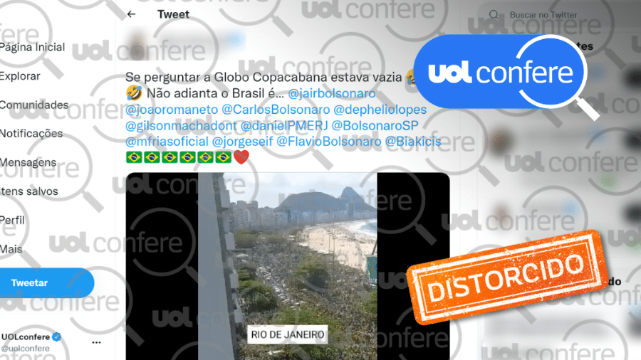 2.mai.2022 - Post no Twitter usa vídeo antigo para inflar número de pessoas em ato pró-Bolsonaro em Copacabana, no Rio - Arte/UOL sobre Reprodução/Twitter @renzograciebjj