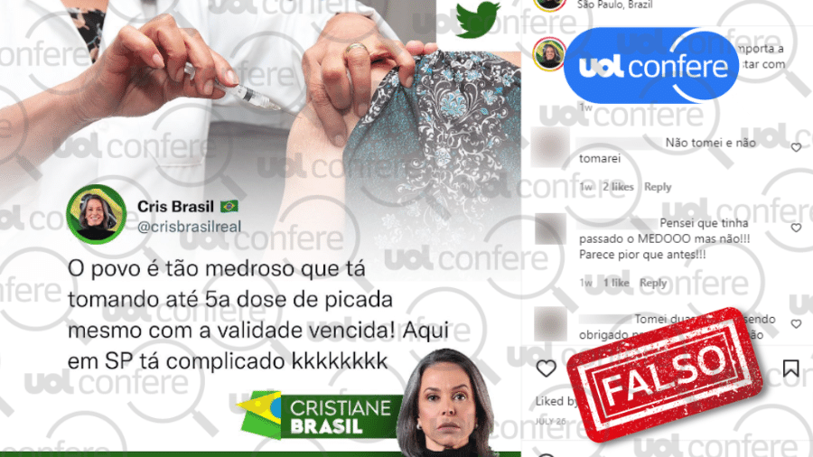 08.ago.2022 -  É falso que o estado de São Paulo esteja aplicando vacinas vencidas contra a covid-19 - Arte/UOL sobre Reprodução/Instagram