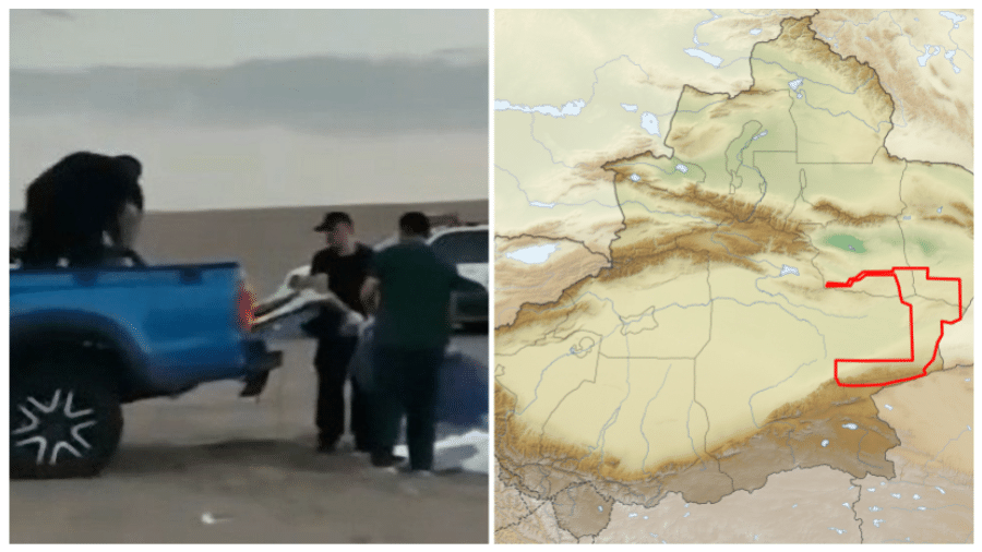 Os corpos dos turistas foram encontrados numa área de deserto conhecida como "Mar da Morte" (contornada em vermelho), na China.