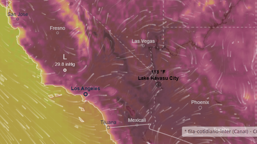 Mapa indica temperatura extrema na região de Lake Havasu, no Arizona, nos Estados Unidos