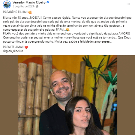 O vereador Márcio Ribeiro (PSD) e a filha Giovanna, empregada em projeto com emenda do deputado Pedro Paulo (PSD) - Reprodução/Facebook