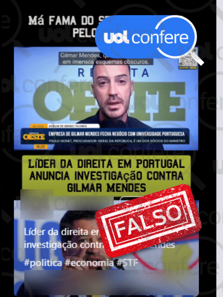 10.jul.2025 - Posts falsos insinuam que Gilmar Mendes é dono de faculdade em Portugal 10.jul.2025 - Posts falsos insinuam que Gilmar Mendes é dono de faculdade em Portugal