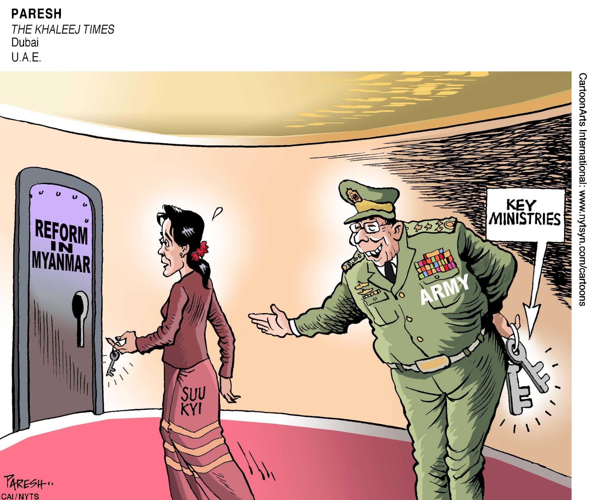 FEVEREIRO: PASSOS EM DIREÇÃO À DEMOCRACIA EM MIANMAR - No dia primeiro de fevereiro, depois de mais de 50 anos de regime militar, Mianmar abriu seu primeiro Parlamento livremente eleito. Aung San Suu Kyi, a líder do movimento da democracia do país, logo recebeu o cargo de "conselheira de Estado," que lhe dá mais poder do que o presidente de Mianmar. Ela também controla diversos ministérios. As reformas prometidas por seu partido ? especialmente a de tornar o país uma democracia plena ? podem vir lentamente, já que os militares ainda detêm três ministérios chaves e um quarto dos assentos parlamentares, que é o suficiente para bloquear emendas à Constituição.