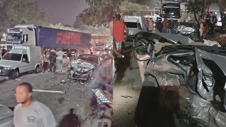 Caminhão e carros ficam destruídos após um grave acidente na Avenida Brasil, ontem, no Rio de Janeiro - Reprodução/Redes sociais