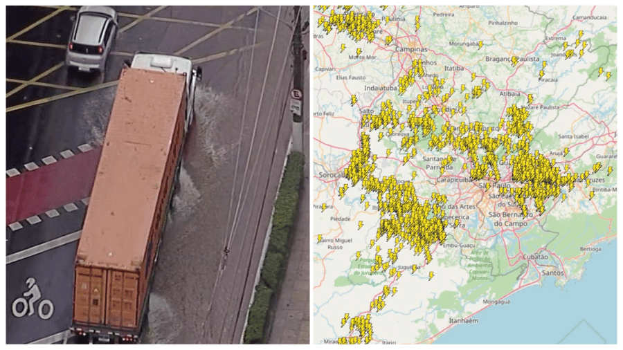 A forte chuva que caiu em São Paulo, acompanhada de muitos raios, deixou a capital em estado de atenção para alagamentos - Reprodução/Rede Globo/MetSul