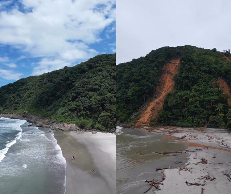 Morro da Praia de Camburi, em São Sebastião, antes e depois das chuvas - Reprodução/Instagram @anamazallo - Reprodução/Instagram @anamazallo