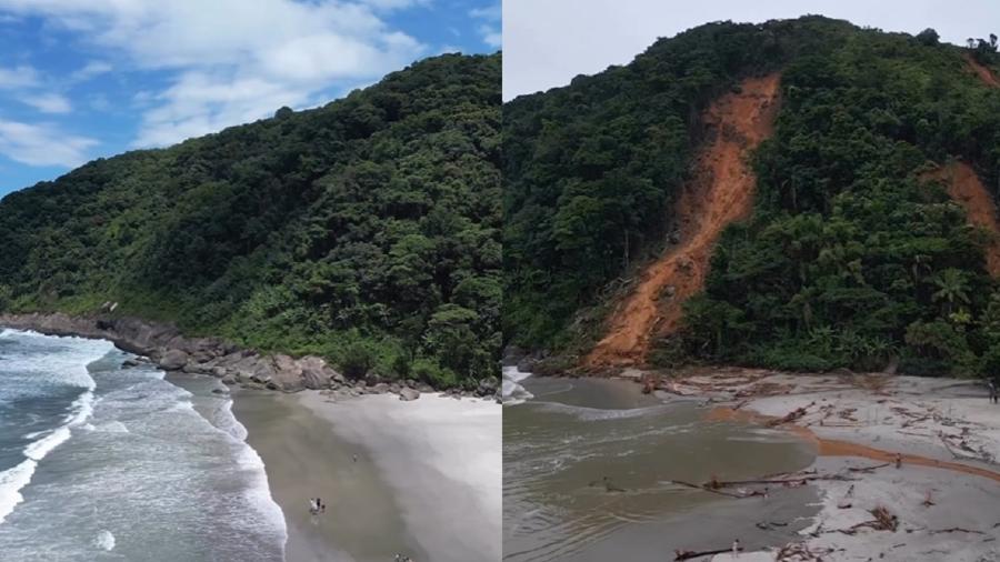 Morro da Praia de Camburi, em São Sebastião, antes e depois das chuvas - Reprodução/Instagram @anamazallo