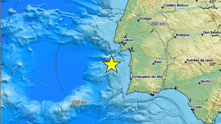 Imagem indica raio em que os tremores foram sentidos em Portugal