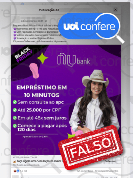 8.nov.2024 - É falsa publicação que anuncia empréstimo "sem consulta ao SPC" pelo Nubank